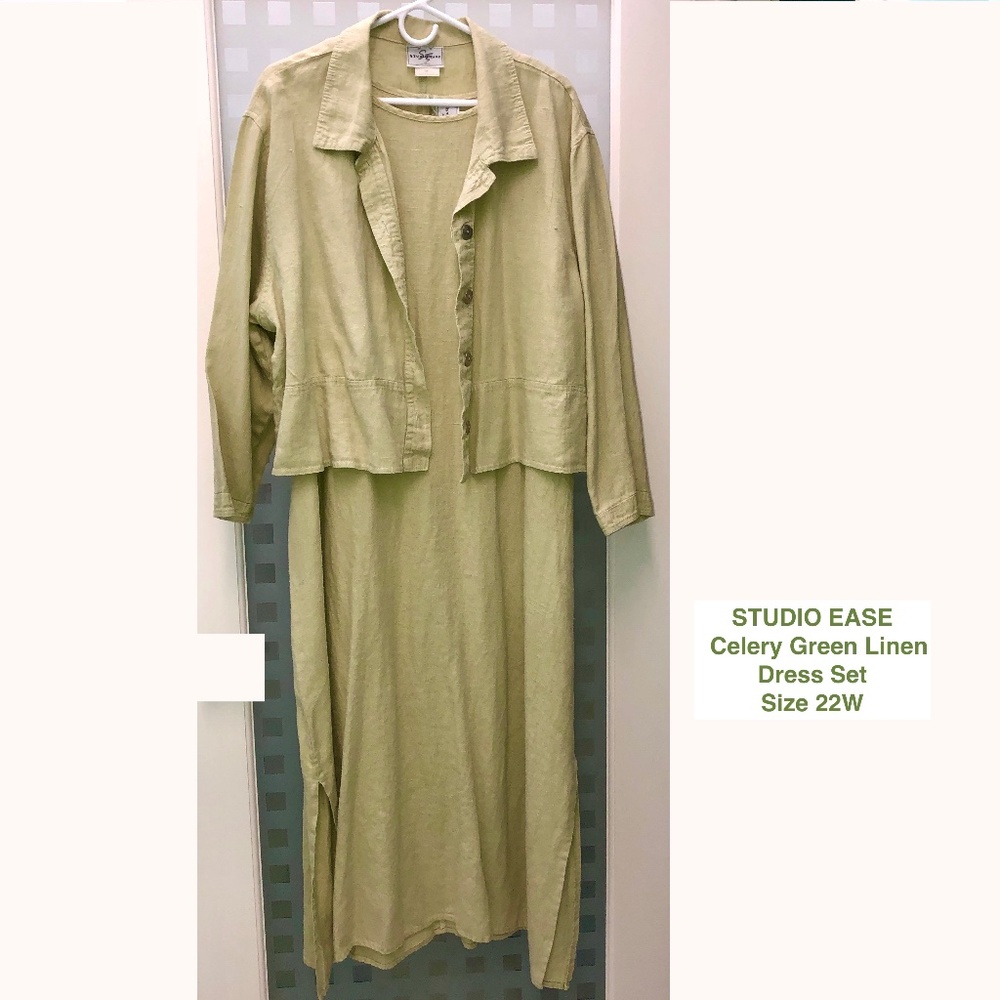 🎉HP🎉 STUDIO EASE Linen A-Line Maxi + Dress Jacket Set Celery Green Vintage 22W